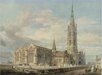 Nordöstra vyn av Grantham Church, Lincolnshire, ca 1797 (wc över grafit på papper)